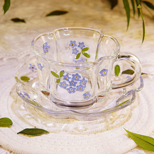 Handcrafted Pressed-Flower Relief Glass Coffee Cup Saucer