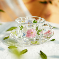 Handcrafted Pressed-Flower Relief Glass Coffee Cup  Saucer