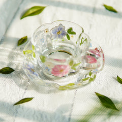 Handcrafted Pressed-Flower Relief Glass Coffee Cup  Saucer