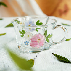 Handcrafted Pressed-Flower Relief Glass Coffee Cup  Saucer