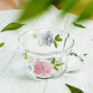 Handcrafted Pressed-Flower Relief Glass Coffee Cup Saucer