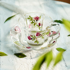 Handcrafted Pressed-Flower Relief Glass Coffee Cup  Saucer