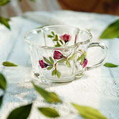 Handcrafted Pressed-Flower Relief Glass Coffee Cup  Saucer