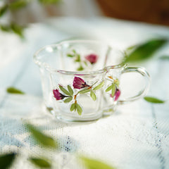 Handcrafted Pressed-Flower Relief Glass Coffee Cup  Saucer