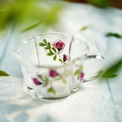 Handcrafted Pressed-Flower Relief Glass Coffee Cup  Saucer