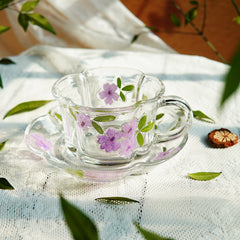 Handcrafted Pressed-Flower Relief Glass Coffee Cup  Saucer