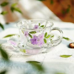 Handcrafted Pressed-Flower Relief Glass Coffee Cup  Saucer