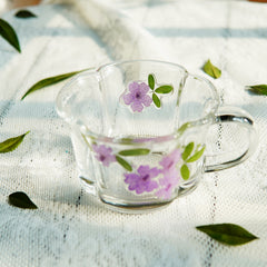 Handcrafted Pressed-Flower Relief Glass Coffee Cup  Saucer
