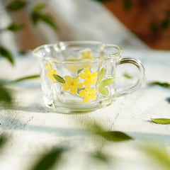 Handcrafted Pressed-Flower Relief Glass Coffee Cup  Saucer