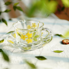 Handcrafted Pressed-Flower Relief Glass Coffee Cup  Saucer