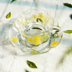 Handcrafted Pressed-Flower Relief Glass Coffee Cup  Saucer