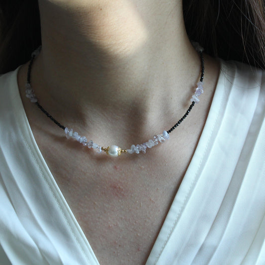 Deep Blue Sapphire Necklace, Handmade Beaded Necklace, Freshwater Pearls, Gold Accents, Elegant Jewelry Gift