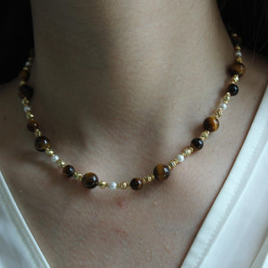 Tiger Eye Necklace, Shell Beads Necklace, Natural Stone Beaded Necklace, Boho Chic Jewelry, Healing Crystal Necklace, Unique Gift
