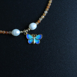 Butterfly Pendant, Horse ConchYellow Agate Beaded Necklace, Unique Spiritual Jewelry for Women, Handmade Gift for Her,Handmade Jewelry