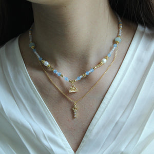 Fairy Tale Necklace,Freshwater Pearl Zircon Jewelry,Gold Layered Necklace,Castle & Key Pendant,Princesscore Aesthetic Gift