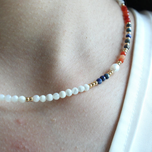Lapis Lazuli Necklace，Horseshoe Snail Freshwater Pearl & Agate Jewelry，Boho Layered Pendant，Handmade Gemstone Gift