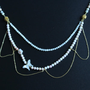 Layered Natural Shell Beaded Necklace - White Butterfly Shell, Gold Chain Elegant Jewelry,handmade Necklace,Wedding Necklace
