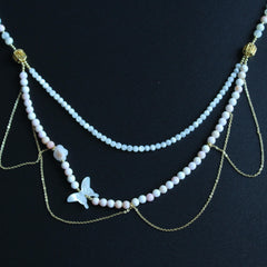 Layered Natural Shell Beaded Necklace - White Butterfly Shell, Gold Chain Elegant Jewelry,handmade Necklace,Wedding Necklace