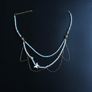 Layered Natural Shell Beaded Necklace - White Butterfly Shell, Gold Chain Elegant Jewelry,handmade Necklace,Wedding Necklace