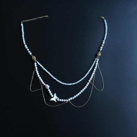 Layered Natural Shell Beaded Necklace - White Butterfly Shell, Gold Chain Elegant Jewelry,handmade Necklace,Wedding Necklace