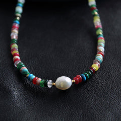 Colorful Jade ,Pearl Necklace, Adjustable Gold Chain, Handmade Jewelry, Gift for Her, Minimalist Choker,Natural Raw Crystal Choker Necklace