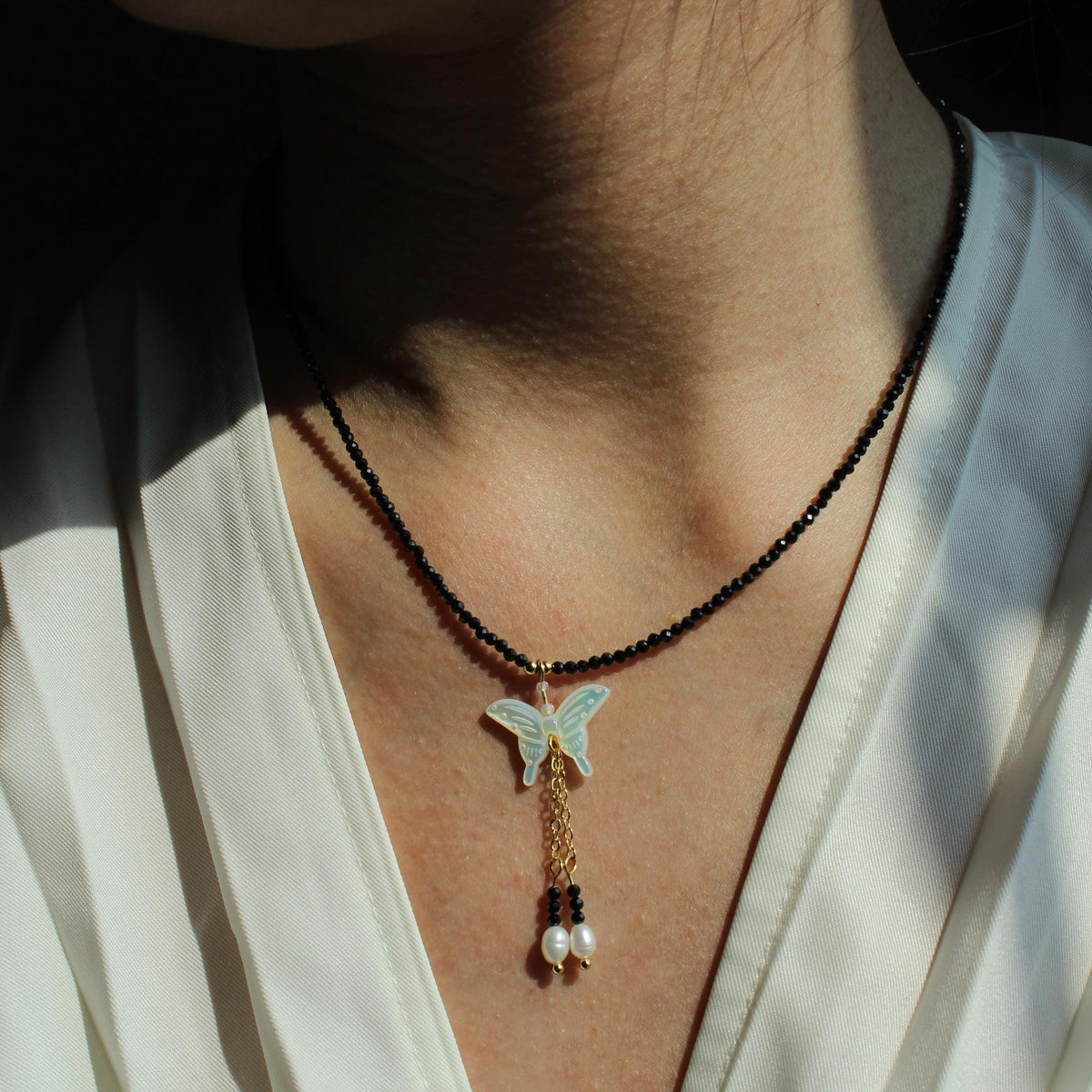 Black Spinel & White butterfly shell stone,Natural Stone Crystal beaded Gemstone Birthstone Gift, Minimalist Choker Crystal Gift