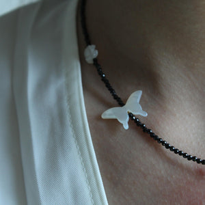 Black Spinel & Butterfly,Pearlized Butterfly Necklace, White, in Angelic White,Natural Stone Crystal beaded Gemstone Birthstone Gift,