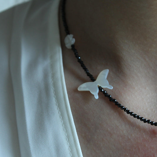 Black Spinel & Butterfly,Pearlized Butterfly Necklace, White, in Angelic White,Natural Stone Crystal beaded Gemstone Birthstone Gift,