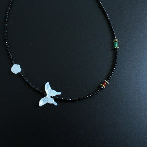 Black Spinel & Butterfly,Pearlized Butterfly Necklace, White, in Angelic White,Natural Stone Crystal beaded Gemstone Birthstone Gift,
