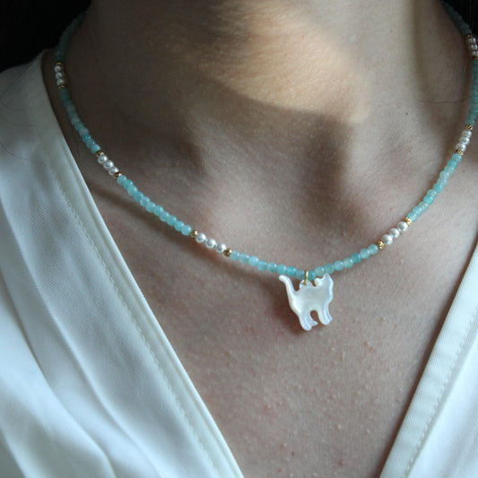 Cat pendant,Natural Blue Amazonite Smooth Oval Nugget Shape Gemstone Loose Beads,Minimalist Handmade Crystal Necklace,  Gift for Her