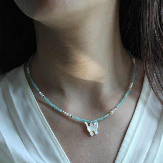 Cat pendant,Natural Blue Amazonite Smooth Oval Nugget Shape Gemstone Loose Beads,Minimalist Handmade Crystal Necklace,  Gift for Her