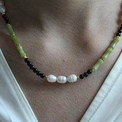 Mala Necklace with black  Agate Malachite ,Pearl necklace,Gift for Her, Yoga Healing Crystal Necklace Long Beaded Necklace