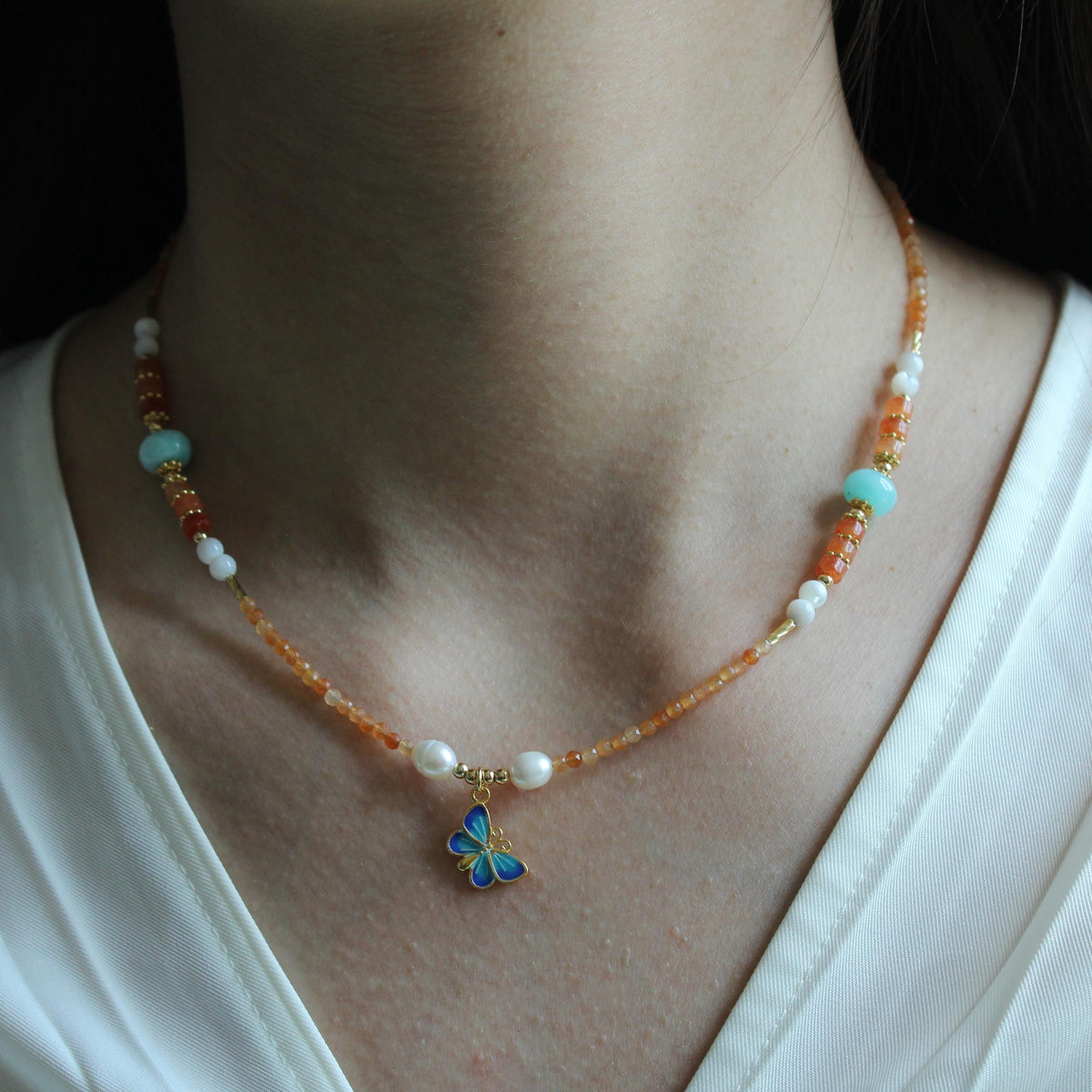 Butterfly Pendant, Horse ConchYellow Agate Beaded Necklace, Unique Spiritual Jewelry for Women, Handmade Gift for Her,Handmade Jewelry