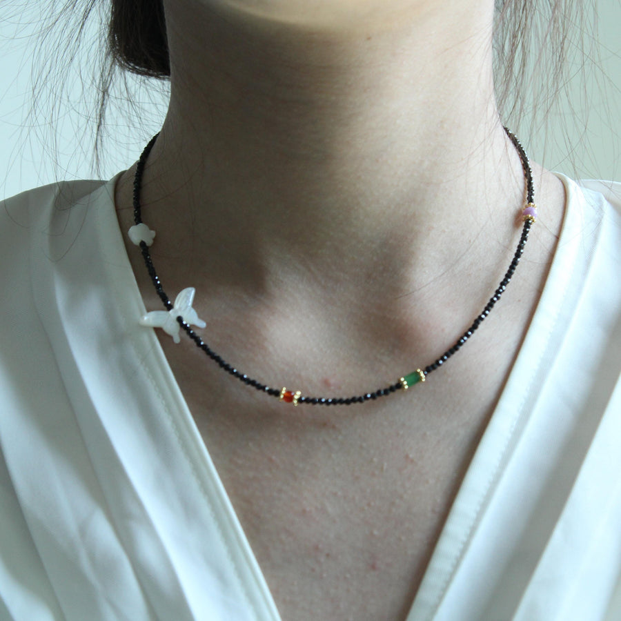 White Butterfly Shell Necklace with Black Fine Crystal, Natural Gemstone Jewelry, Choker, Beaded Necklace
