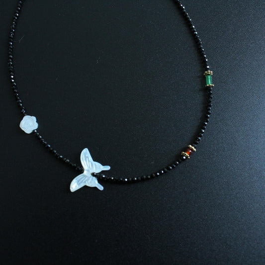 White Butterfly Shell Necklace with Black Fine Crystal, Natural Gemstone Jewelry, Choker, Beaded Necklace