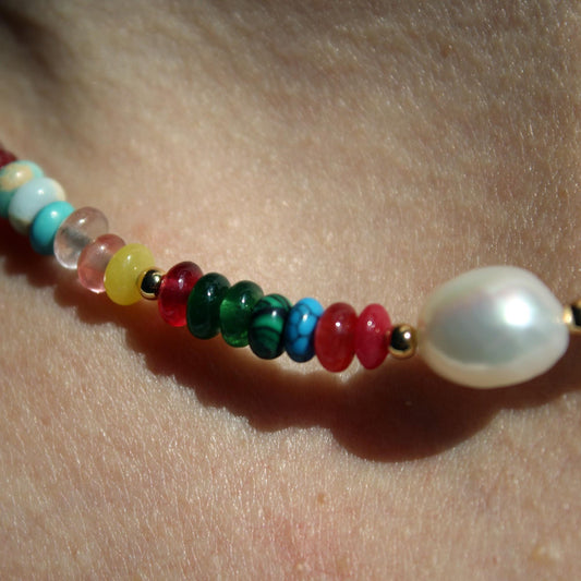 Colorful Jade ,Pearl Necklace, Adjustable Gold Chain, Handmade Jewelry, Gift for Her, Minimalist Choker,Natural Raw Crystal Choker Necklace