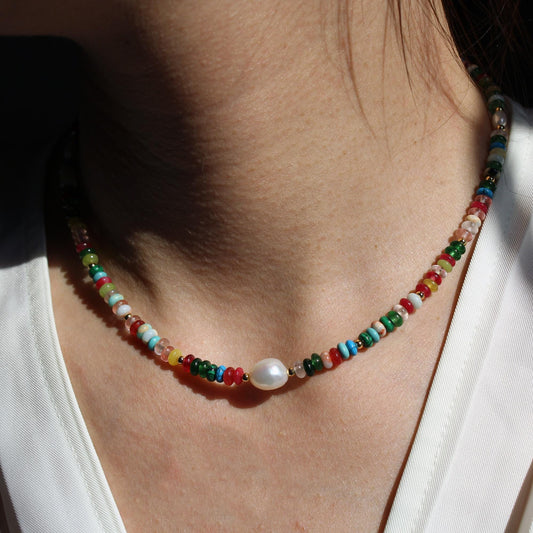 Colorful Jade ,Pearl Necklace, Adjustable Gold Chain, Handmade Jewelry, Gift for Her, Minimalist Choker,Natural Raw Crystal Choker Necklace