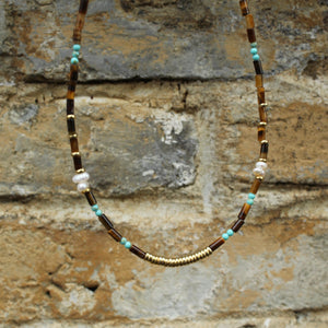Tiger Eye, Pearl and Turquoise Beaded Necklace | Boho Minimalist Gemstone Choker | Handmade Natural Crystal Jewelry | Gift for Her