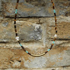 Tiger Eye, Pearl and Turquoise Beaded Necklace | Boho Minimalist Gemstone Choker | Handmade Natural Crystal Jewelry | Gift for Her