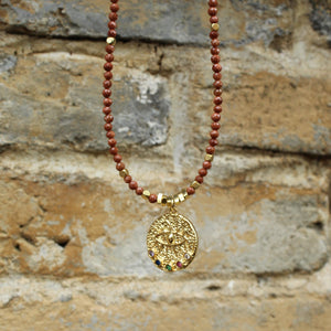 Goldstone Necklace with Evil Eye Pendant | Boho Healing Crystal Jewelry | Gold Beaded Choker | Handmade Protection Amulet for Her