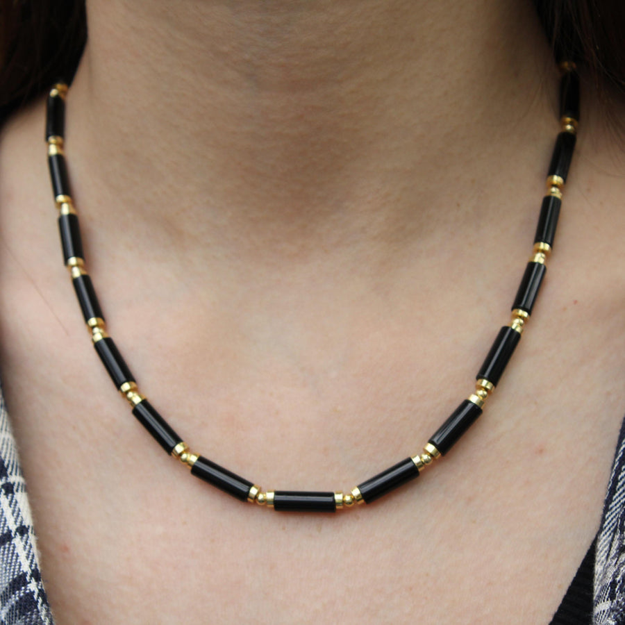Black Agate Beaded Necklace | Minimalist Gold Bead Choker | Natural Stone Jewelry for Protection | Dainty Healing Crystal Necklace