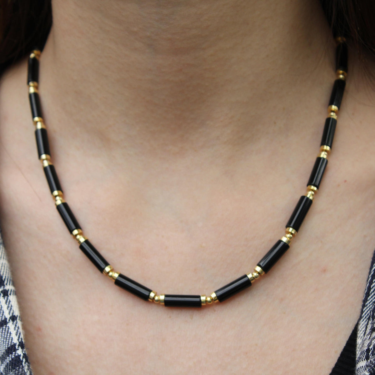 Black Agate Beaded Necklace | Minimalist Gold Bead Choker | Natural Stone Jewelry for Protection | Dainty Healing Crystal Necklace