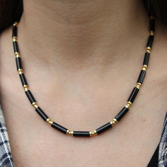 Black Agate Beaded Necklace | Minimalist Gold Bead Choker | Natural Stone Jewelry for Protection | Dainty Healing Crystal Necklace