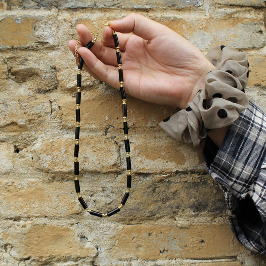 Black Agate Beaded Necklace | Minimalist Gold Bead Choker | Natural Stone Jewelry for Protection | Dainty Healing Crystal Necklace