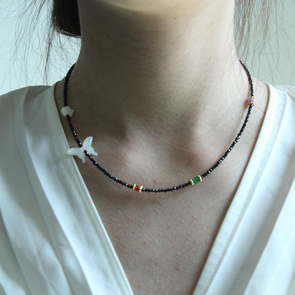 Black Spinel & Butterfly,Pearlized Butterfly Necklace, White, in Angelic White,Natural Stone Crystal beaded Gemstone Birthstone Gift,