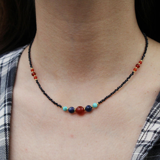 Boho Gemstone Beaded Necklace  Carnelian, Turquoise & Lapis Lazuli Beads, Black Seed Bead Necklace,  Handmade Healing Jewelry Gift