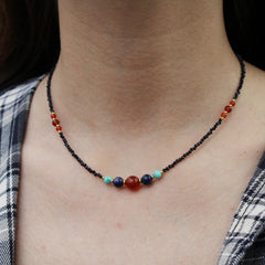 Boho Gemstone Beaded Necklace  Carnelian, Turquoise & Lapis Lazuli Beads, Black Seed Bead Necklace,  Handmade Healing Jewelry Gift