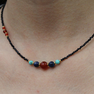 Boho Gemstone Beaded Necklace  Carnelian, Turquoise & Lapis Lazuli Beads, Black Seed Bead Necklace,  Handmade Healing Jewelry Gift