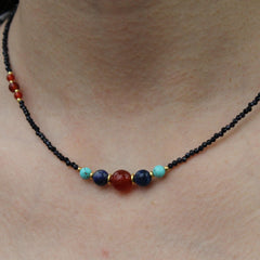 Boho Gemstone Beaded Necklace  Carnelian, Turquoise & Lapis Lazuli Beads, Black Seed Bead Necklace,  Handmade Healing Jewelry Gift