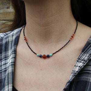 Boho Gemstone Beaded Necklace  Carnelian, Turquoise & Lapis Lazuli Beads, Black Seed Bead Necklace,  Handmade Healing Jewelry Gift